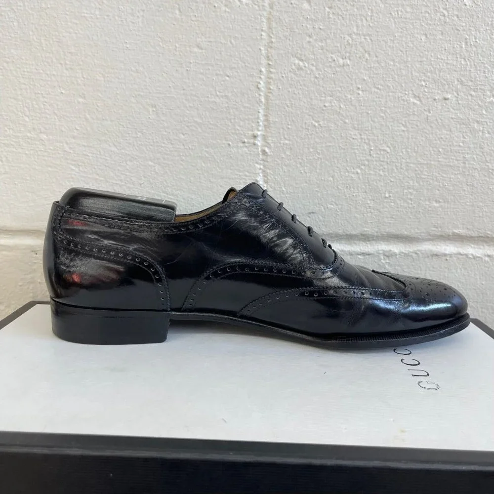 Salvatore Ferragamo Black Leather Wingtip Oxford Dress Shoes Lace up Men's 10‎ D